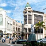Upscale shopping district with luxury boutiques and elegant city buildings in the USA.