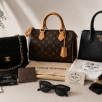 Several pre-owned luxury handbags arranged with authenticity cards and dust bags on a clean neutral background.