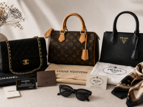 Several pre-owned luxury handbags arranged with authenticity cards and dust bags on a clean neutral background.