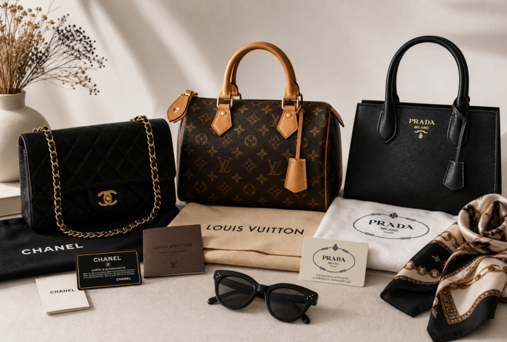 Several pre-owned luxury handbags arranged with authenticity cards and dust bags on a clean neutral background.
