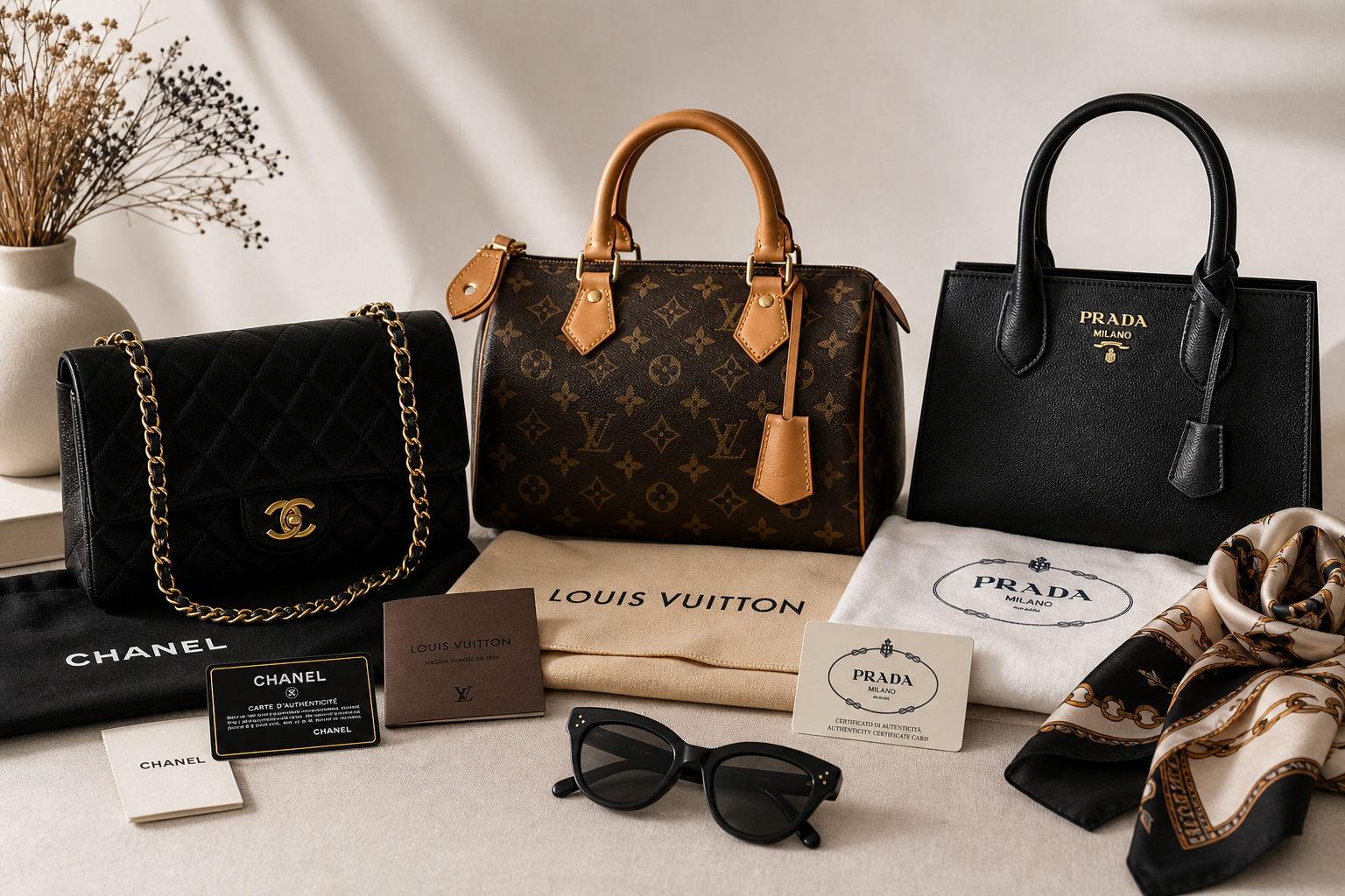 Several pre-owned luxury handbags arranged with authenticity cards and dust bags on a clean neutral background.