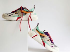 Colorful used designer shoes displayed on a white background.