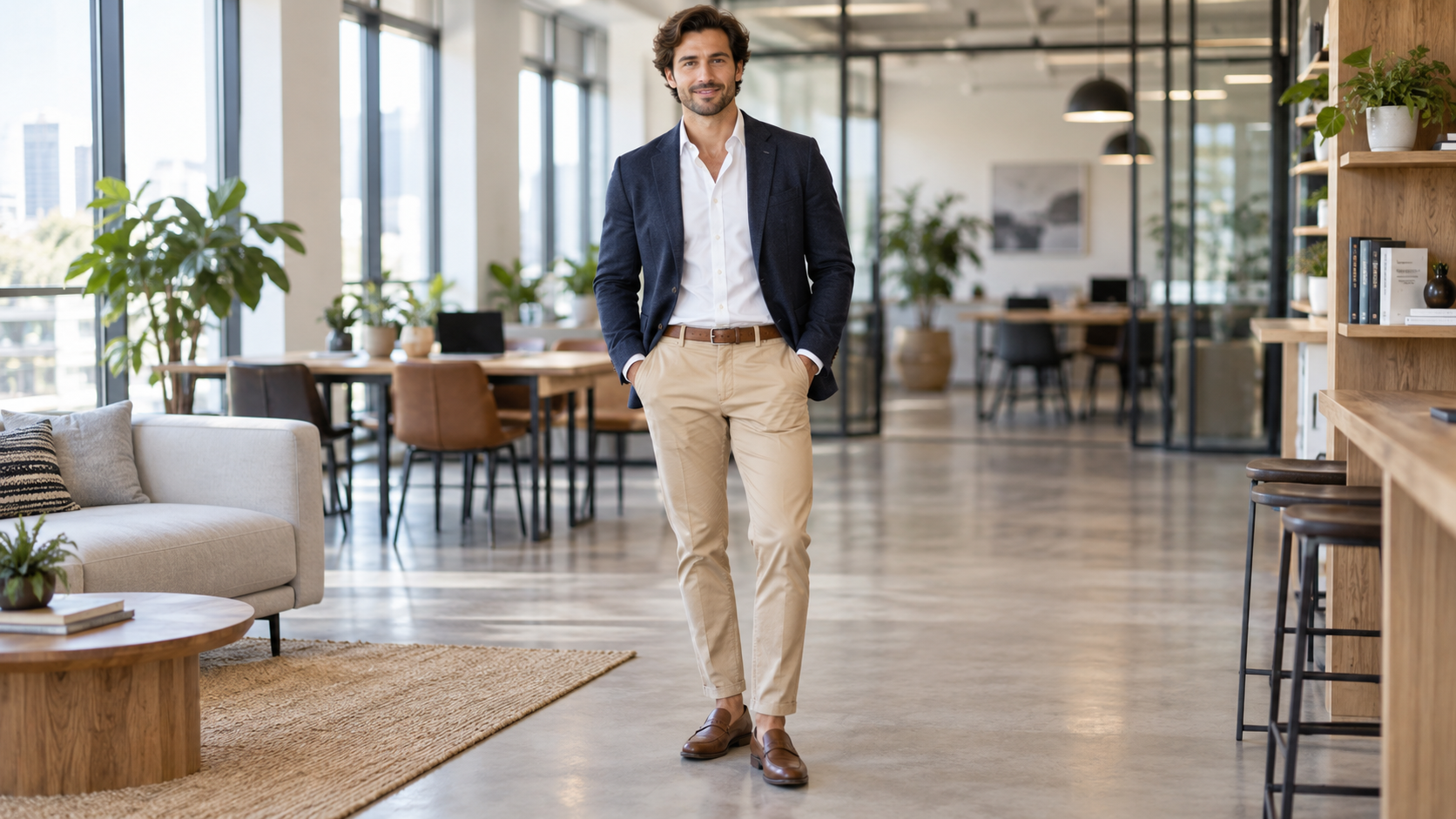 What is dressy casual for men: man in chinos, a button-down, and a blazer