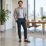 What is considered business casual for men: a man in chinos, a button-down, and a blazer