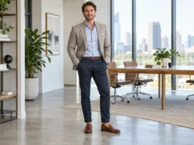What is considered business casual for men: a man in chinos, a button-down, and a blazer