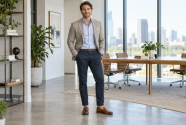 What is considered business casual for men: a man in chinos, a button-down, and a blazer