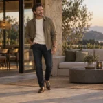 Man dressed casual but classy in dark jeans, a sweater, and loafers