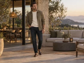 Man dressed casual but classy in dark jeans, a sweater, and loafers