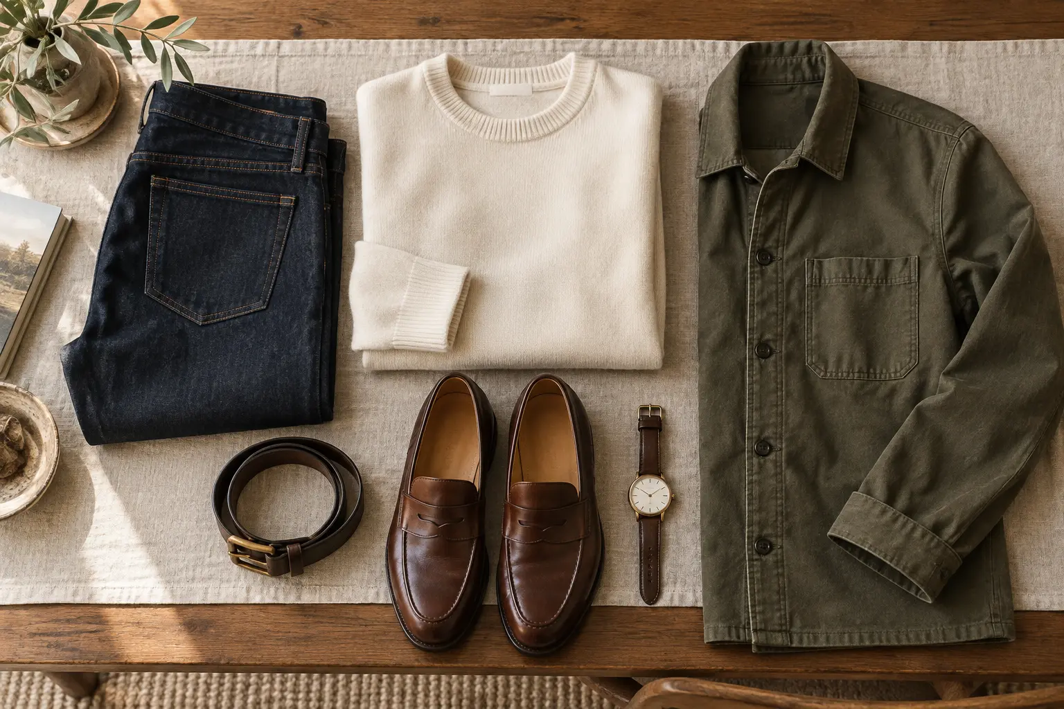 How to dress casual but classy for guys with dark jeans, a fine-knit sweater, and loafers