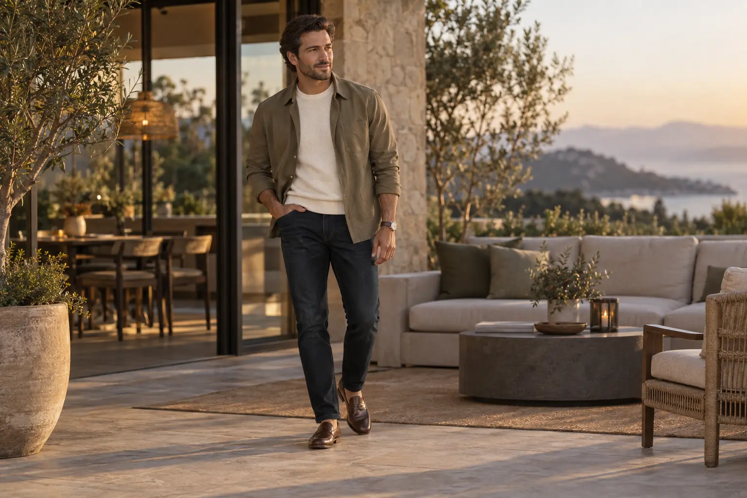 Man dressed casual but classy in dark jeans, a sweater, and loafers