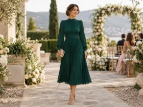 Long sleeve modest wedding guest dress in an elegant midi length
