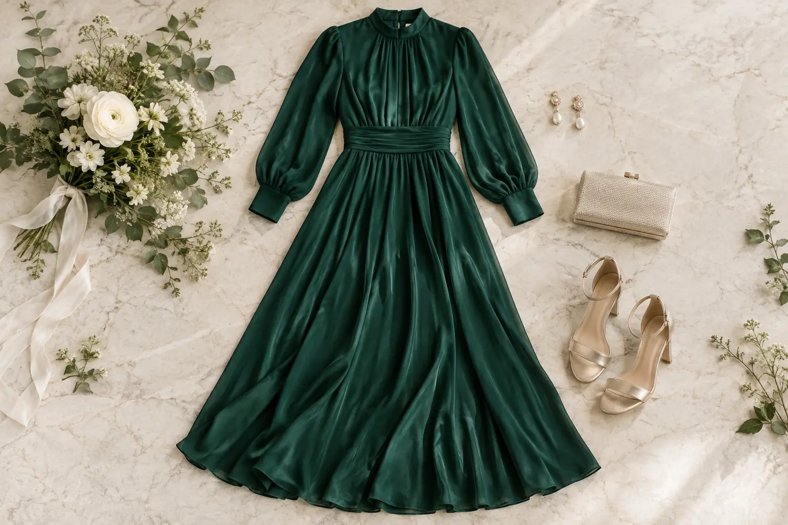 Long sleeve modest wedding guest dresses styled with heels and a clutch