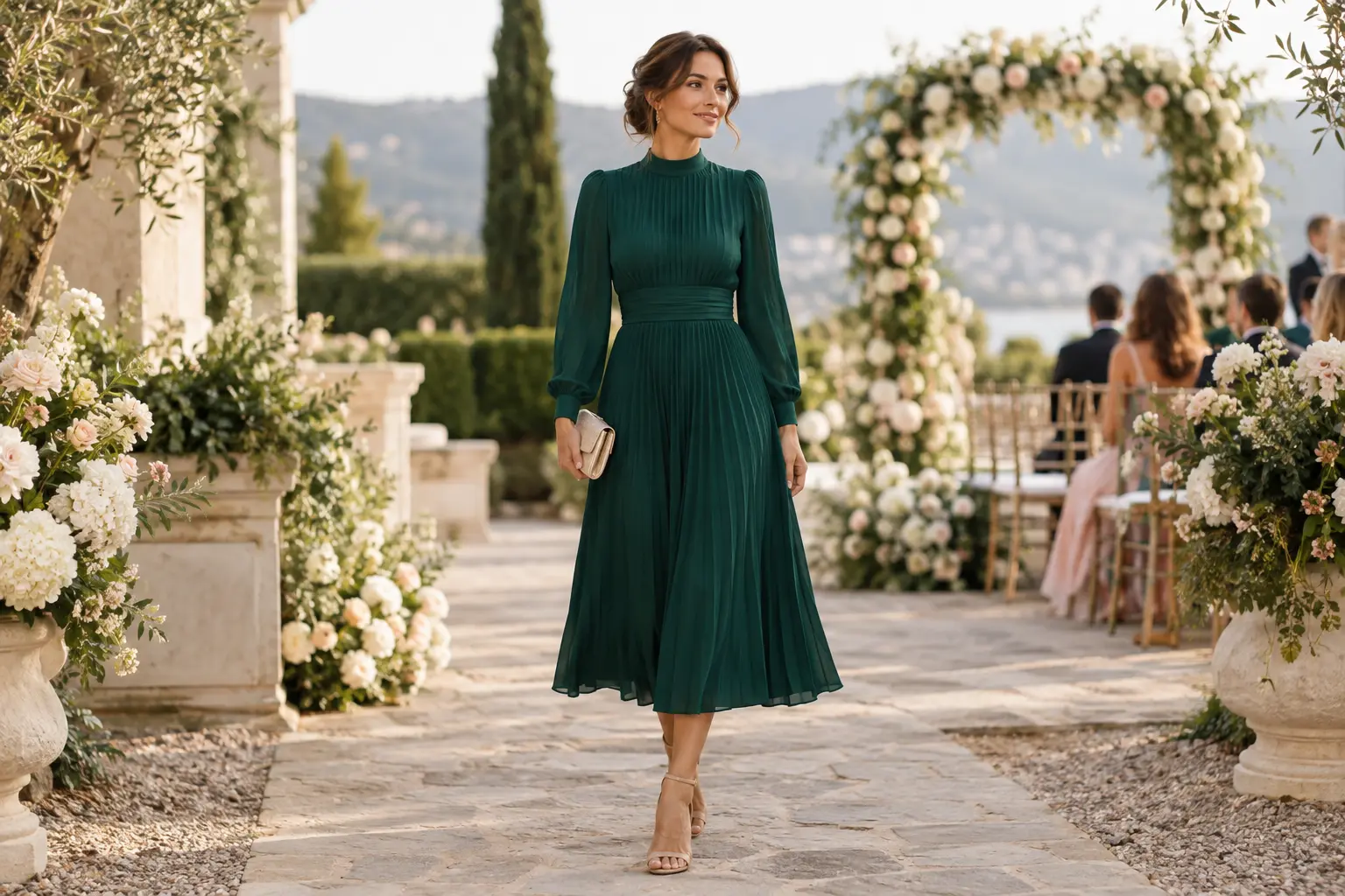 Long sleeve modest wedding guest dress in an elegant midi length
