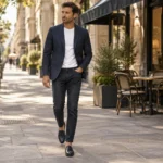 Man wearing a navy blazer with a t-shirt and dark jeans casually