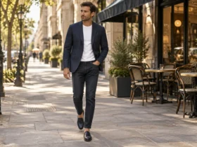 Man wearing a navy blazer with a t-shirt and dark jeans casually