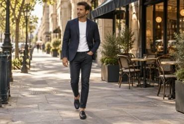 Man wearing a navy blazer with a t-shirt and dark jeans casually