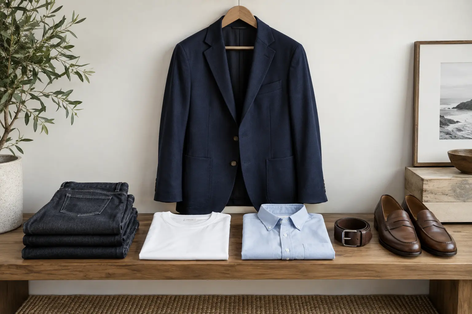 How to wear a men's blazer: navy blazer with jeans, a T-shirt, button-down, and leather loafers