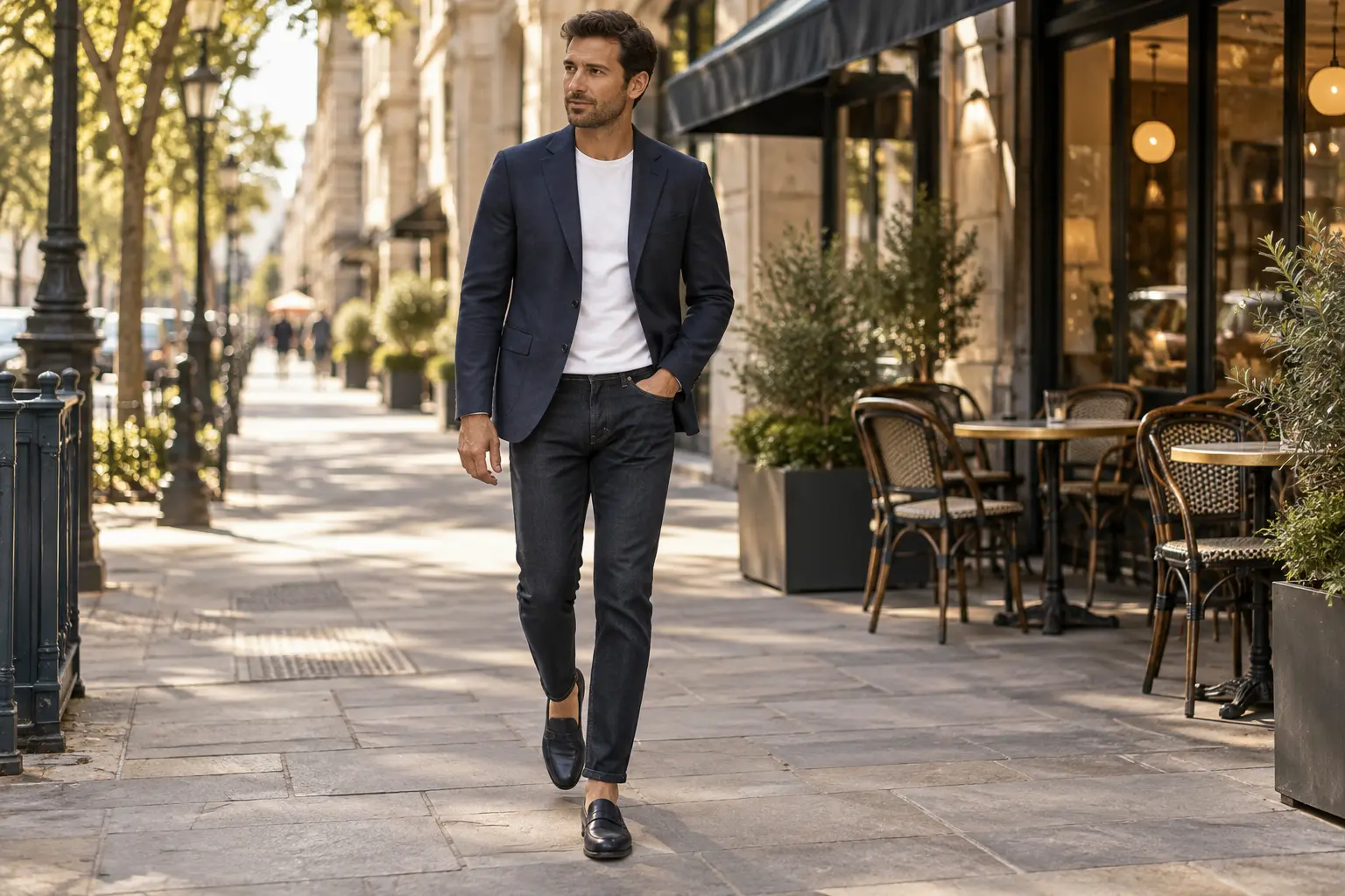 Man wearing a navy blazer with a t-shirt and dark jeans casually